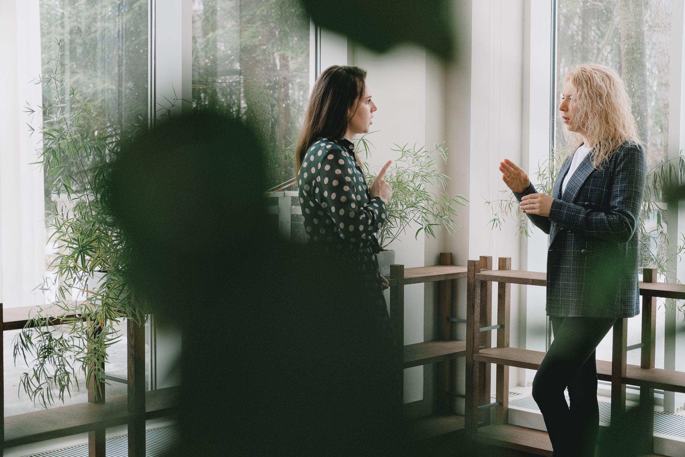 Two colleagues discussing at a bright office window